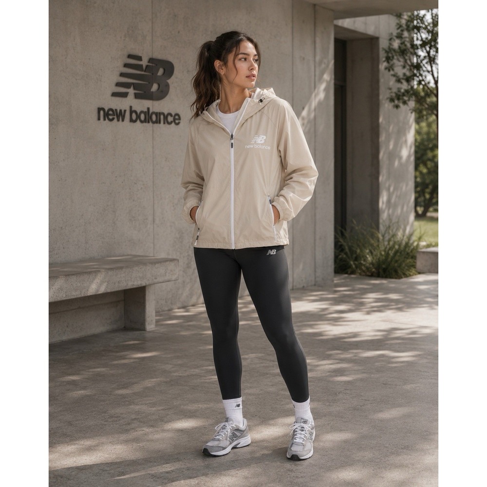 NEW BALANCE Women's Jacket Hooded XL Full Zip Lightweight Beige Logo Windbreaker